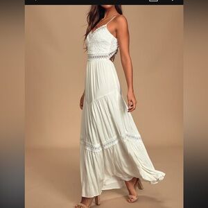 NWT  Lulus Jamille White Crochet Lace Backless Maxi Dress